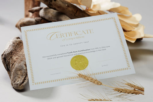 Image of the tooth gem certification certificate given once you complete Fern's tooth gem certification course