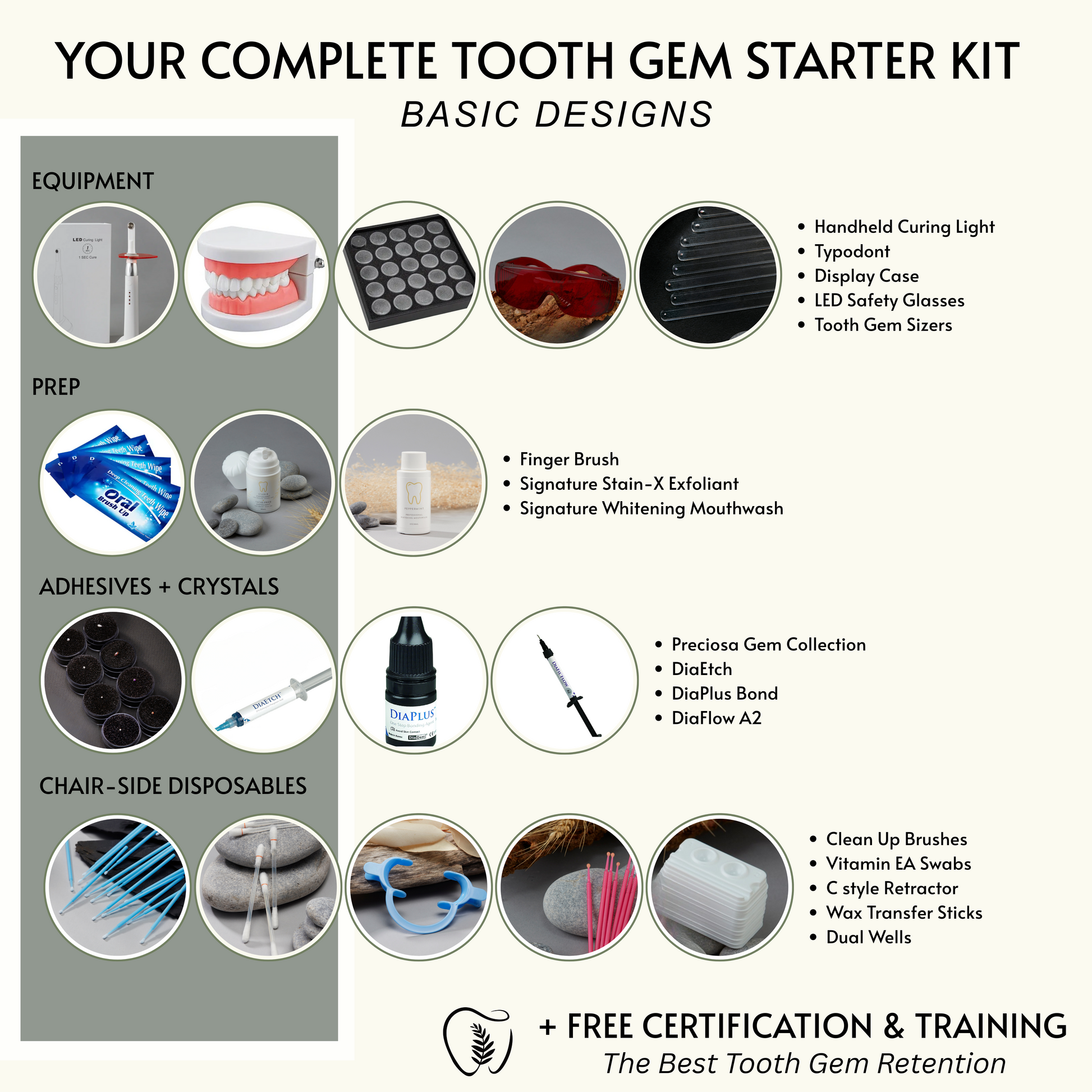 Image showcasing all the inclusions of the basic tooth gem starter kit sold by Fern Whitening Supplies